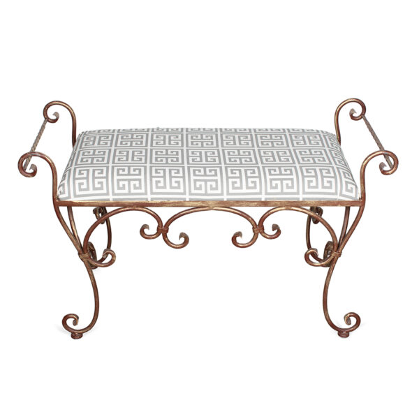 Wrought Iron Bench w/ Greek Key Upholstered Seat - Image 6