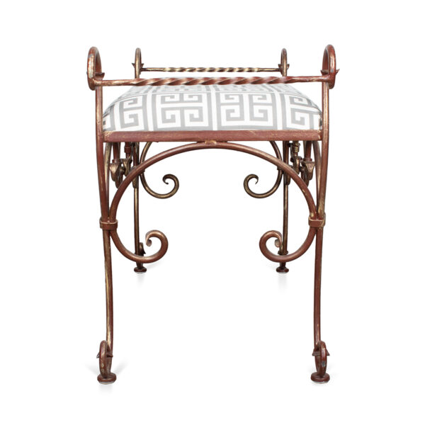 Wrought Iron Bench w/ Greek Key Upholstered Seat - Image 5