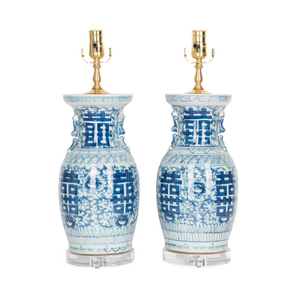blue and white lamps with shades