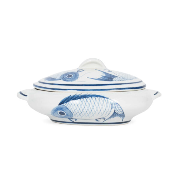 Blue and white fish bowl