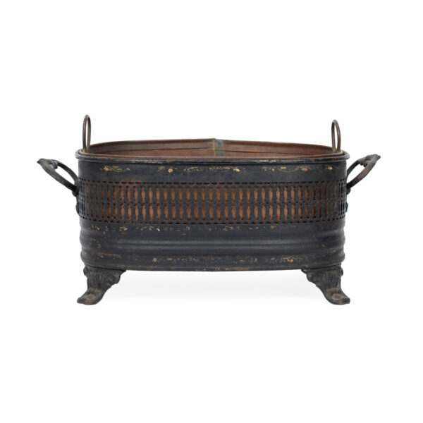 Vintage Black Painted Tole Footed Planter with Copper Liner