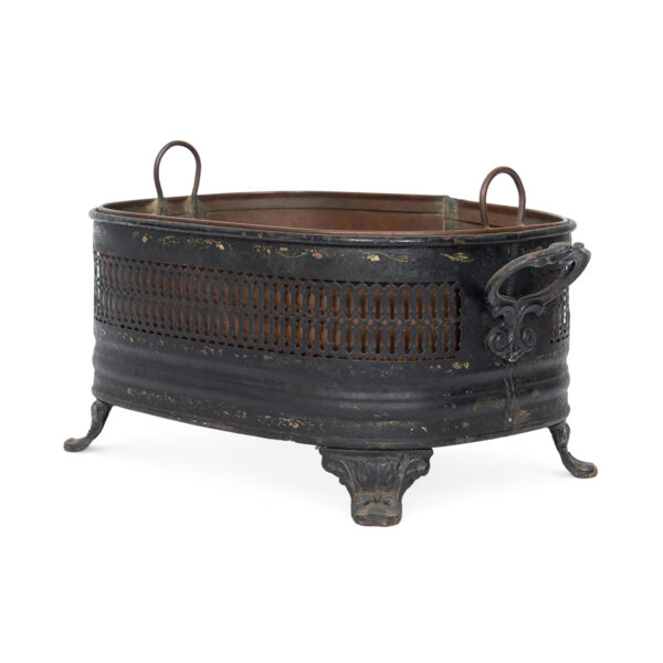 Vintage Black Painted Tole Footed Planter with Copper Liner