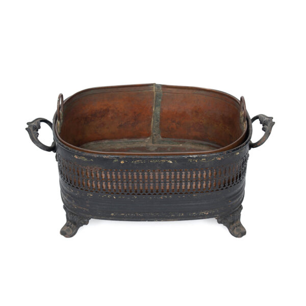 Vintage Black Painted Tole Footed Planter with Copper Liner - Image 7