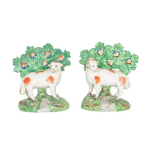 Pair of Early 19th Century English Staffordshire Sheep on Bocage