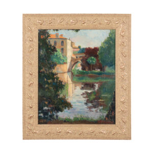 French Oil on Board- Villa on River, signed