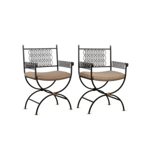 Pair of Wrought Iron and Brass Regency Style Chairs with Silk Upholstery