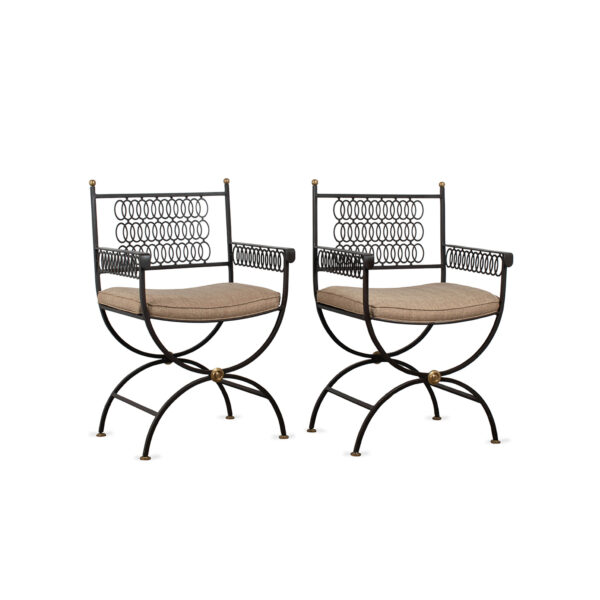 Pair of Wrought Iron and Brass Regency Style Chairs with Silk Upholstery