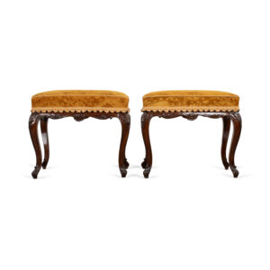 Pair of Rococo Style Carved Oak Tabourets with Gaufraged Velvet and Custom Trim