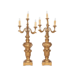 Pair of 19th C. Carved Wood and Water Gilt Four Light Candelabras