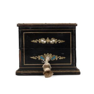 English Ebonized and Inlaid Wood Jewelry Box with Key